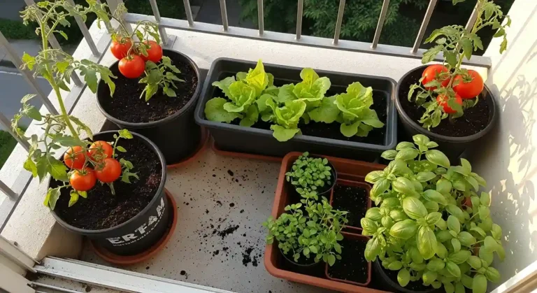 Tomato, lettuce and herb pots on a sunny balcony